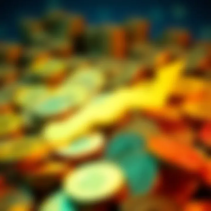 A pile of Dogecoin coins with an upward arrow indicating potential growth in value