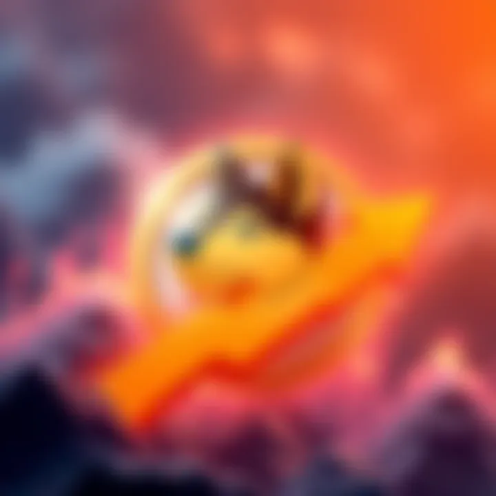 Doge Coin logo surrounded by an upward arrow, symbolizing growth and rising trends in cryptocurrency.