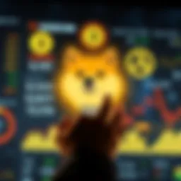A person looking at a digital display showing Dogecoin statistics and market trends, highlighting an average price of .2417 with a sense of optimism for future gains.