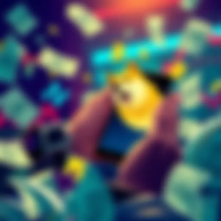 A person holding a smartphone, checking Dogecoin prices with excitement, surrounded by dollar bills and a bull symbol representing a market rise.