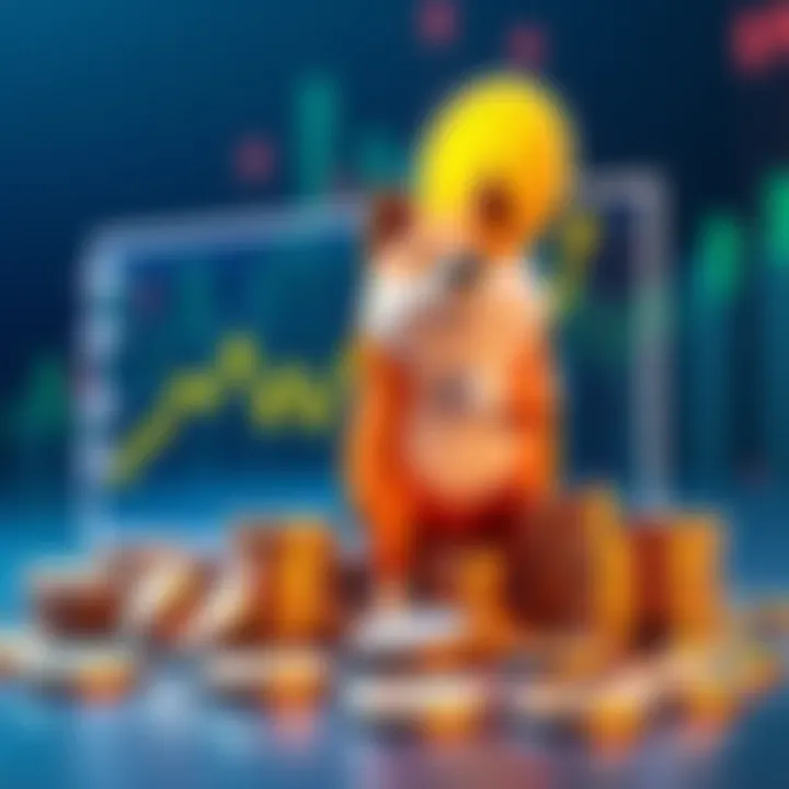 A chart showing Dogecoin's market performance with upward and downward trends, surrounded by coins and a questioning figure.