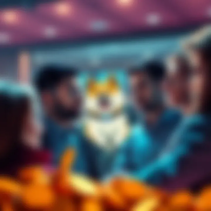 A group of people discussing the future of Dogecoin, some look hopeful while others seem concerned about market trends.