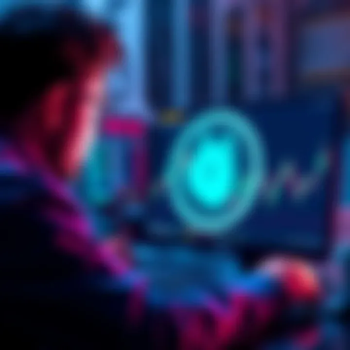 A first-time investor looking at Dogecoin on a computer screen with a dogecoin symbol visible