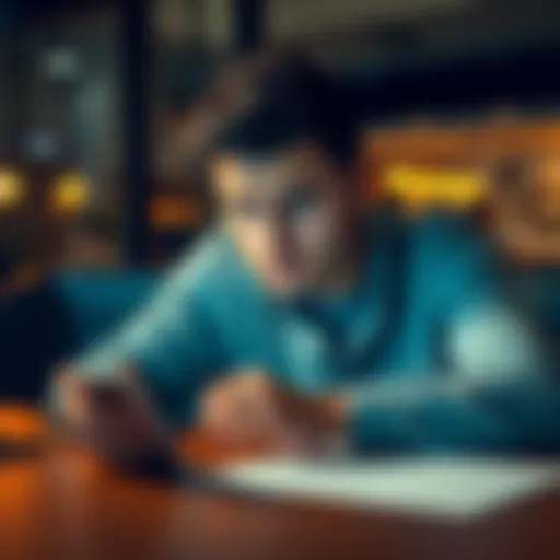 A person looking worried while checking their Dogecoin investment on a smartphone with a loan document on the table