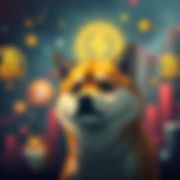 Doge in a Market Downturn A sad Dogecoin dog character looking worried as other cryptocurrency symbols rise in the background