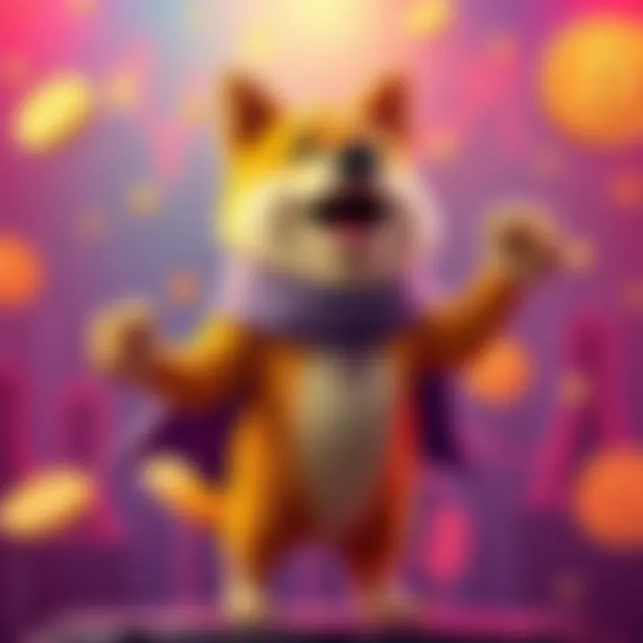 A happy dog mascot representing Dogecoin, wearing a cape and standing triumphantly with a backdrop of cryptocurrency symbols, symbolizing resilience and optimism in the crypto world.
