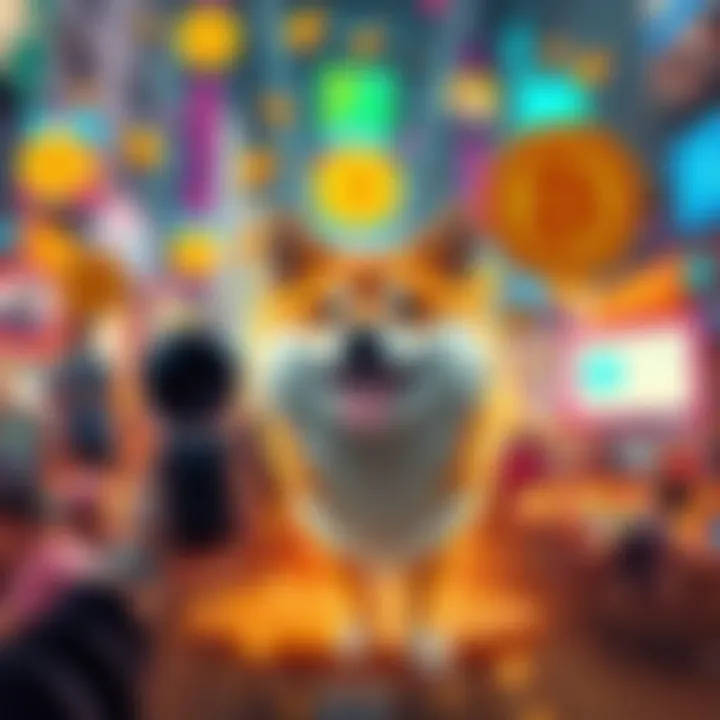 A vibrant scene of Dogecoin symbols and memes, showing its influence in digital culture in 2026.