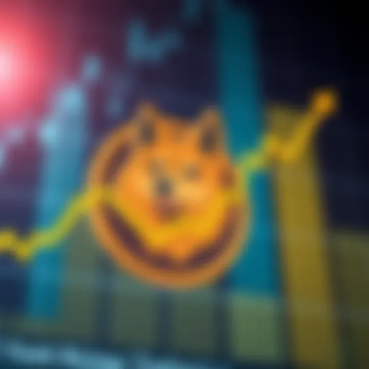 Graph showing the rise in Dogecoin prices with a dog icon in the background