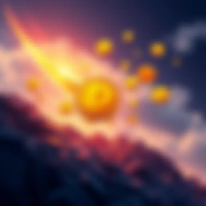 A visual representation of Dogecoin symbols flying upwards, symbolizing its rapid growth and popularity in 2026.