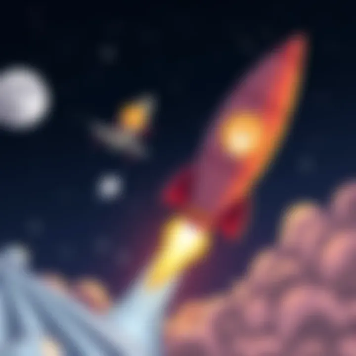 A cartoon rocket with the Dogecoin logo blasting off into space, symbolizing its rise in popularity and value.