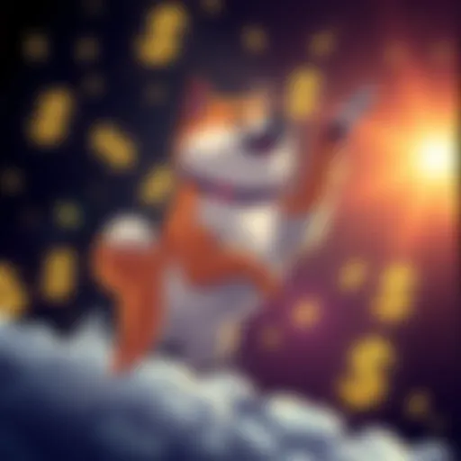 A digital illustration of a Shiba Inu dog symbolizing Dogecoin, ascending with dollar signs in the background, representing rising cryptocurrency prices.