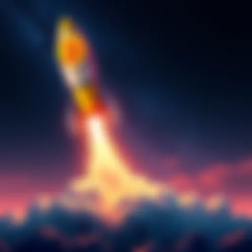 A rocket with the Dogecoin logo taking off towards a starry sky, symbolizing investment growth and optimism.