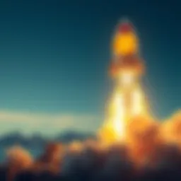 A graphic showing the Dogecoin logo with a rocket launching into the sky, symbolizing its potential surge in value, alongside a gold bar representing its peak comparison with gold.