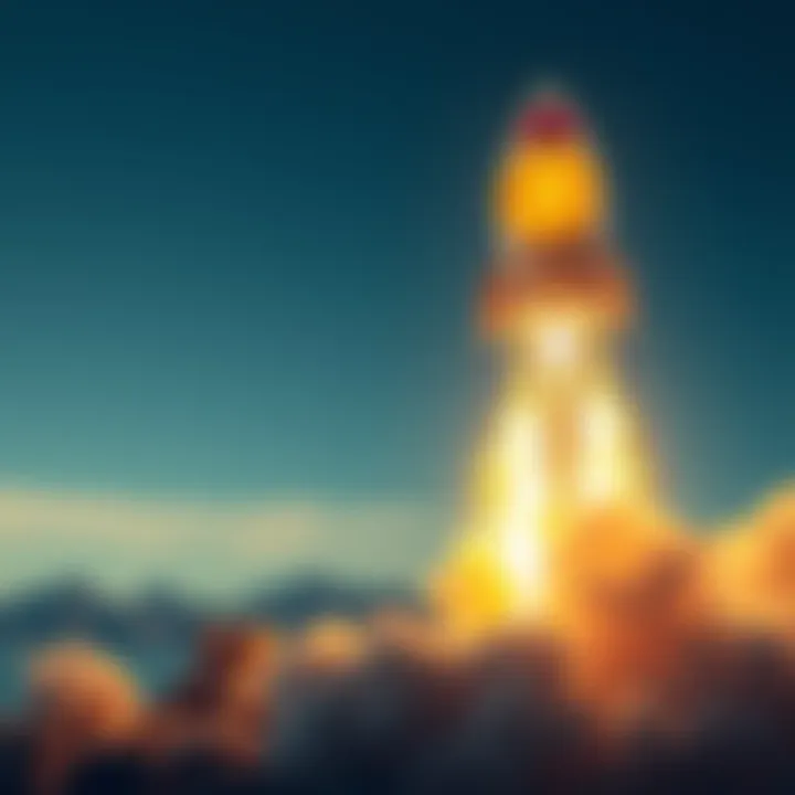 A graphic showing the Dogecoin logo with a rocket launching into the sky, symbolizing its potential surge in value, alongside a gold bar representing its peak comparison with gold.
