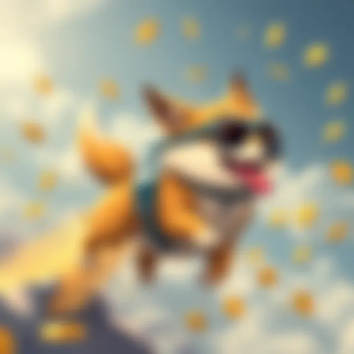 A cartoon dog with its tongue out, wearing sunglasses, soaring upwards with coins around it, representing Dogecoin's rise in the crypto market.