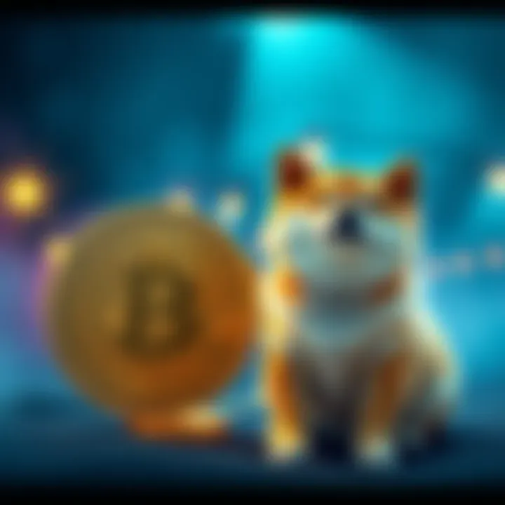 A Shiba Inu dog sitting beside the Dogecoin logo, representing the cryptocurrency's popularity.