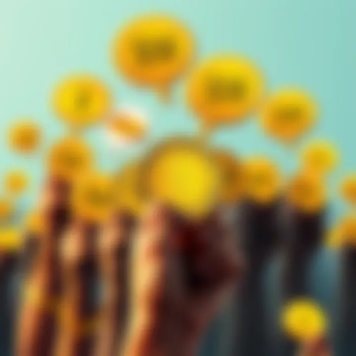 Dogecoin Spending Concept A graphic showing various people holding Dogecoin coins, each with a thought bubble representing spending $50, creating a visual impact on the cryptocurrency community.