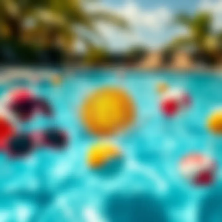A golden dogecoin floating on a sunny pool with summer elements like sunglasses and beach balls around it