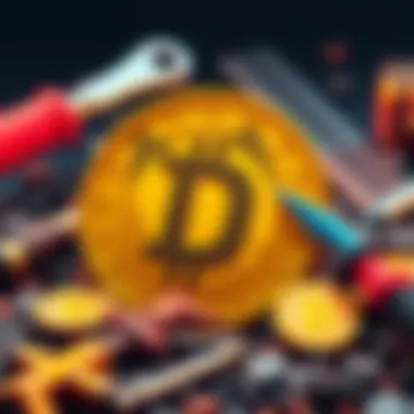 A Dogecoin symbol surrounded by mining tools and coins, representing its accessibility and fair wealth distribution.