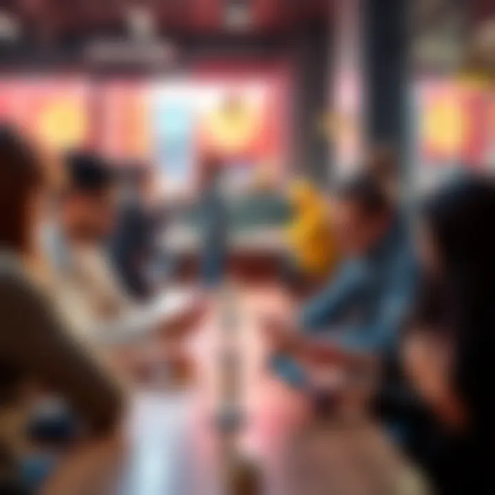 A group of people exchanging Dogecoin on their phones at a cafe