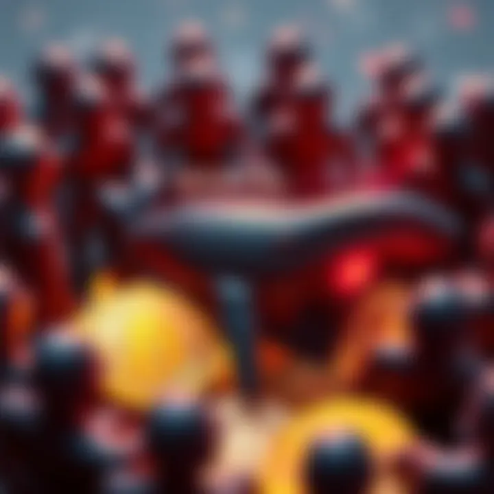 A group of dogecoin coins surrounded by large figures symbolizing whales, representing influential investors controlling discussions in forums.