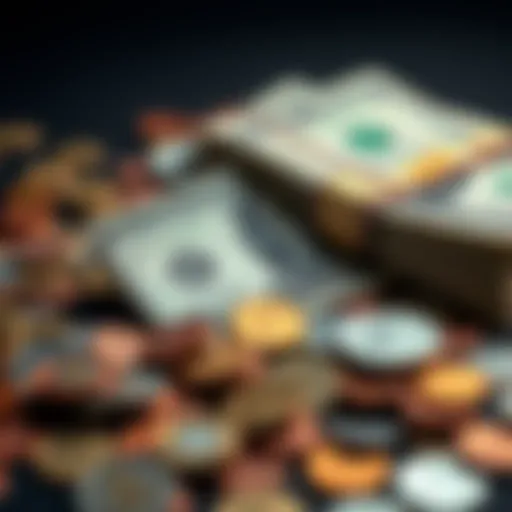 A stack of dollar bills with scattered coins around it, symbolizing the shift from cents to dollars in financial transactions.