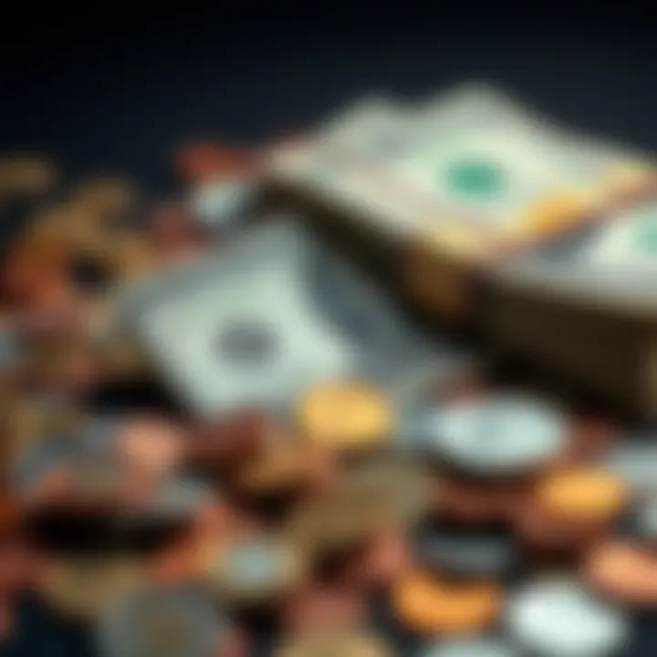 A stack of dollar bills with scattered coins around it, symbolizing the shift from cents to dollars in financial transactions.