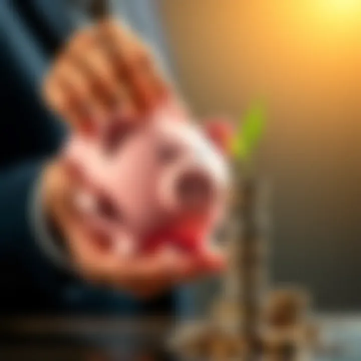 A person holding a piggy bank and stacking coins, symbolizing monthly investments for building wealth.