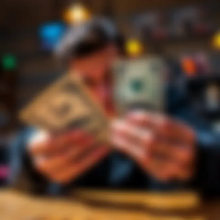 Dollars to Atlas Bucks Conversion A person holding dollars and Atlas Bucks, considering a financial decision