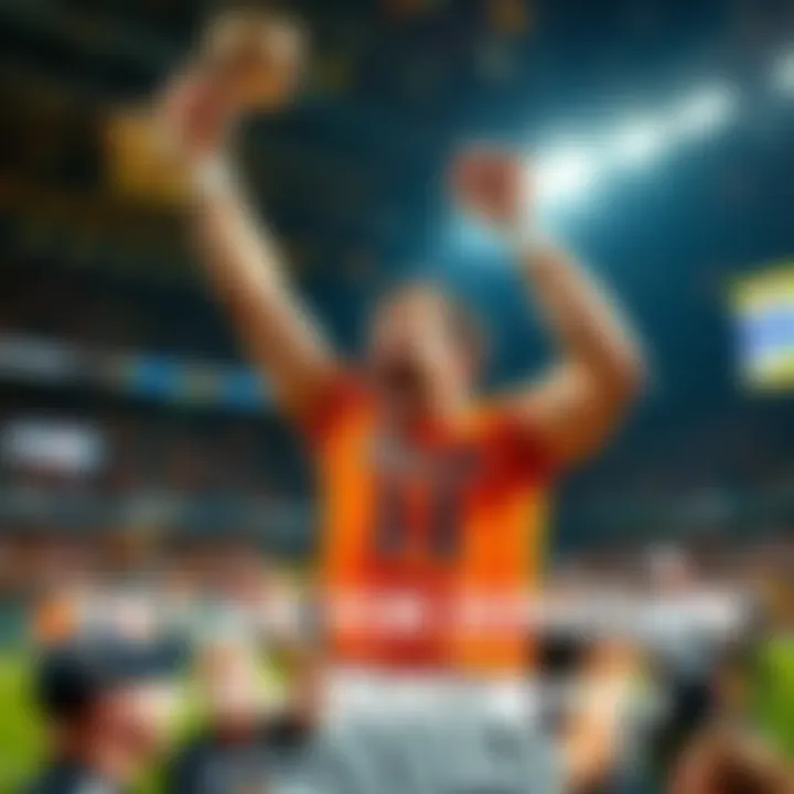 Donovan joyfully celebrates a victory with teammates, showcasing a championship trophy and a crowd of cheering fans in the background.