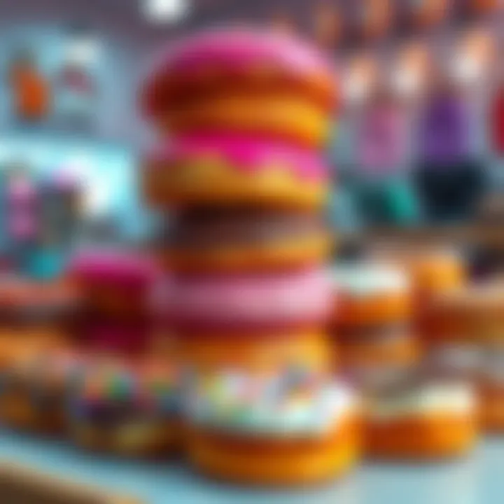 Donut Display A colorful assortment of donuts stacked on a table, showcasing different flavors and toppings.