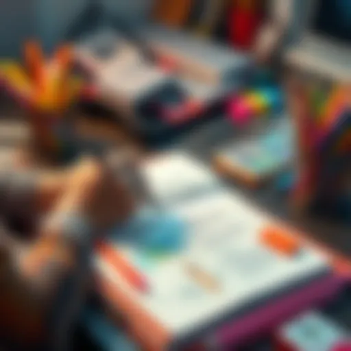 A person happily doodling in a notebook with colorful pens on a desk surrounded by art supplies