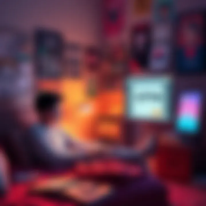 A student using a laptop to mine cryptocurrency in a cozy dorm room, surrounded by posters and books, with a VPN software displayed on the screen.