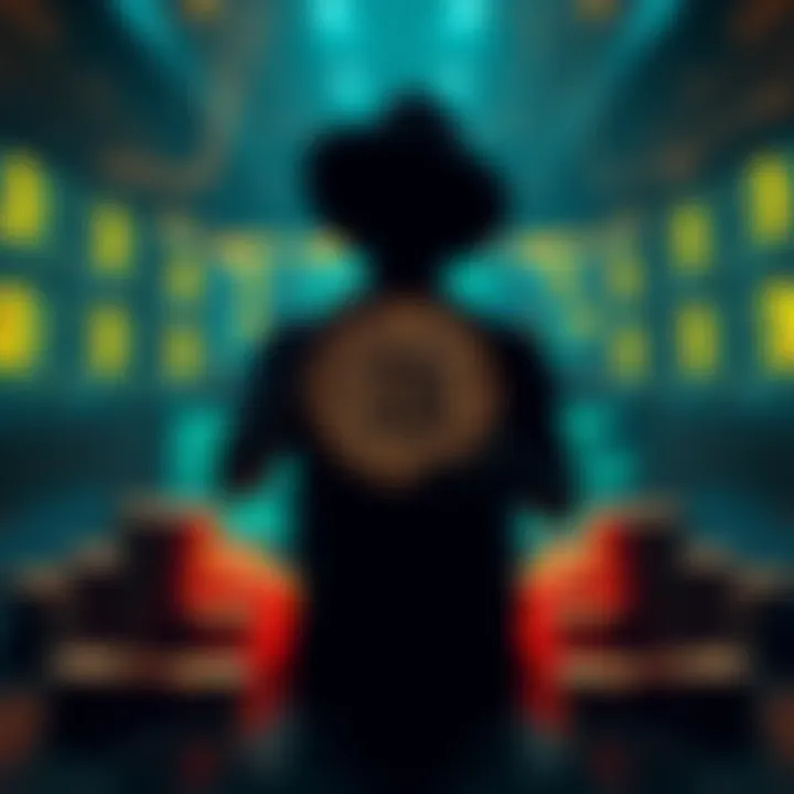 A silhouette of a person holding a Bitcoin symbol, surrounded by stacks of coins and digital screens with Bitcoin addresses, representing the claim to dormant Bitcoin.