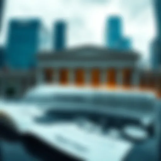 A visual of a financial ledger with empty spaces symbolizing unexpected losses, set against a backdrop of bank buildings.