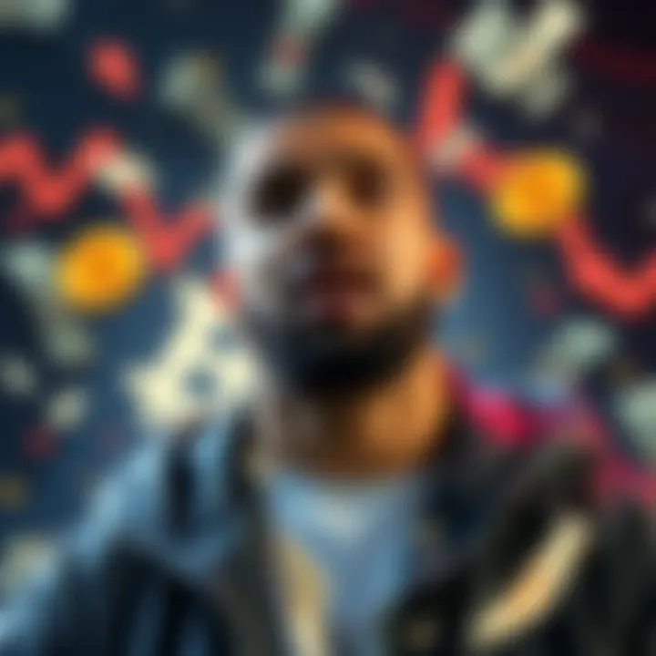 Drake looking shocked as Bitcoin value drops, with money graphics in the background