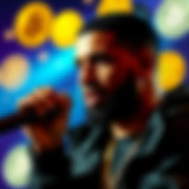Rapper Drake speaking with a microphone, highlighting his comparison of life experiences to Bitcoin, with a backdrop of crypto symbols.