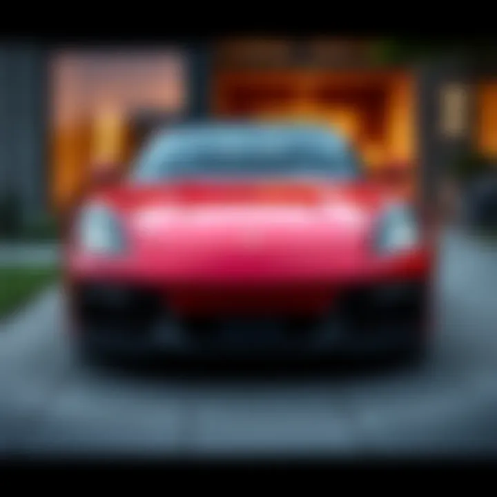 A shiny red sports car parked in front of a modern home with a price tag on the windshield.