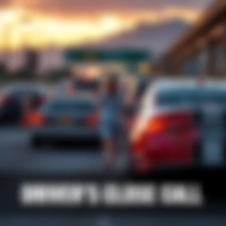 A car abruptly brakes to avoid a pedestrian walking on Highway 395 with traffic in the background.