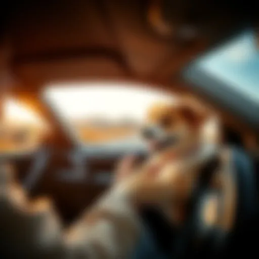 A person driving a car with a happy puppy in the passenger seat, looking out the window during a long road trip for Thanksgiving