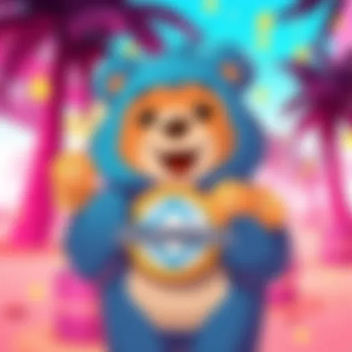 Dropbear Memecoin $DGENBEAR A playful cartoon of a cute dropbear holding coins with a $DGENBEAR logo in a vibrant background
