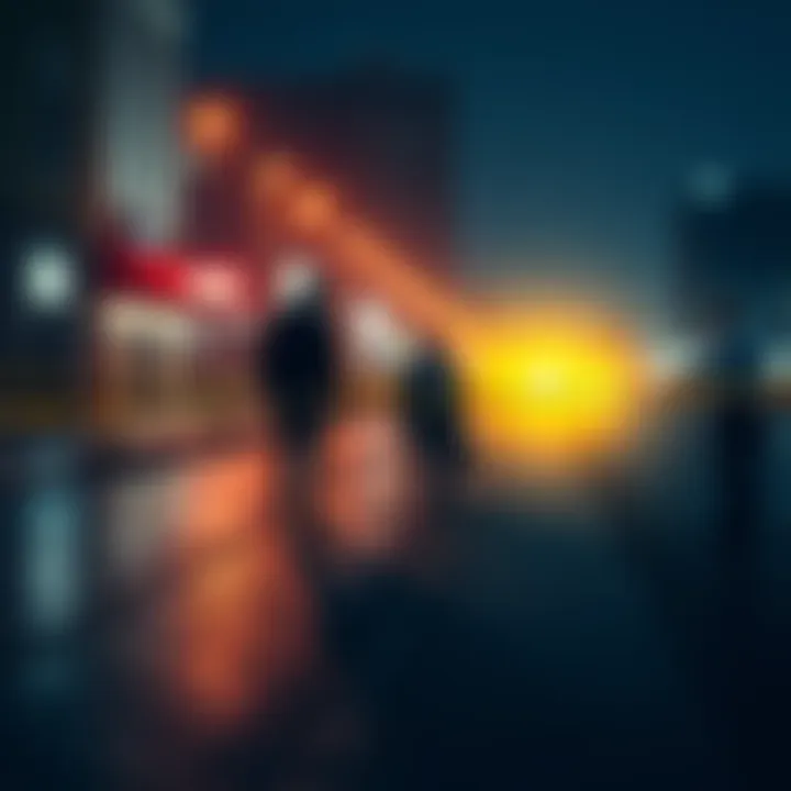 An outline of a crime scene in Dubai with police tape and investigators examining the area.