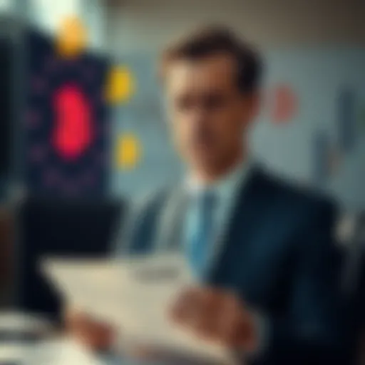 A person in a business suit looking disappointed while holding a resignation letter, with a backdrop of crypto symbols and tax documents.