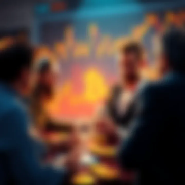 Early Bitcoin Buyers People discussing Bitcoin investments before ETFs with charts and graphs in the background.