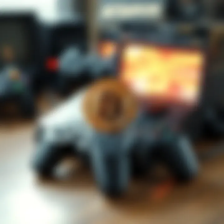 A nostalgic scene of a PS2 console with a Bitcoin symbol and old gaming controllers, representing the early days of cryptocurrency and gaming in 2009.