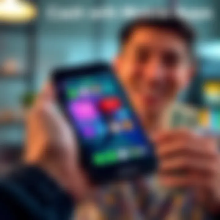A smartphone displaying apps that offer cash rewards, with a person holding money in the background