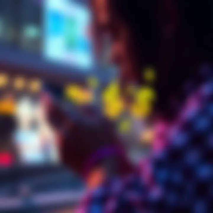 A person watching ads on a smartphone with dollar signs around them, symbolizing earnings from Atlas Bucks.