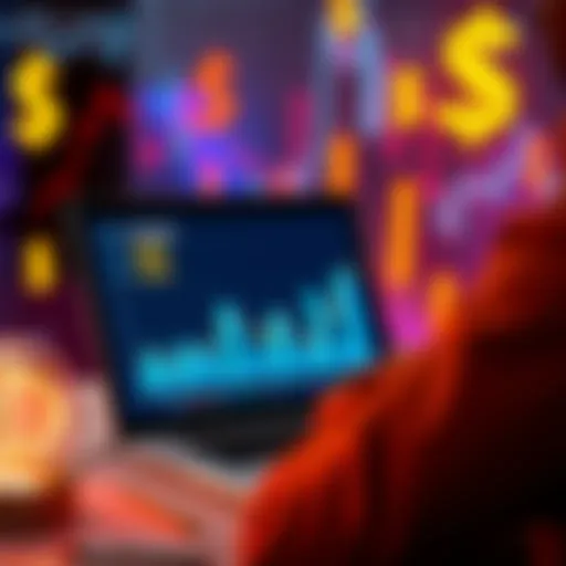 A person analyzing investment options for stablecoins on a laptop, with graphs and dollar signs in the background.