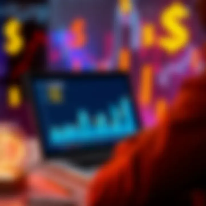 A person analyzing investment options for stablecoins on a laptop, with graphs and dollar signs in the background.