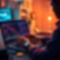 A person reviewing crypto savings options on a laptop, with graphs showing interest rates